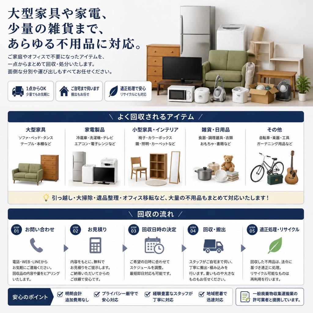 様々な不用品に対応した回収メニュー